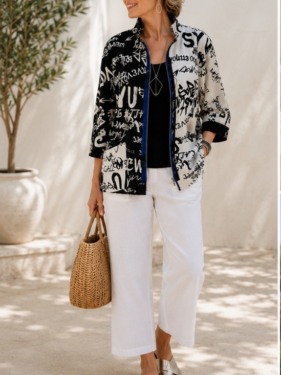 IC COLLECTION Jackets & Blazers - IC Connie K black white typography print front zip jacket 3/4 sleeves S
